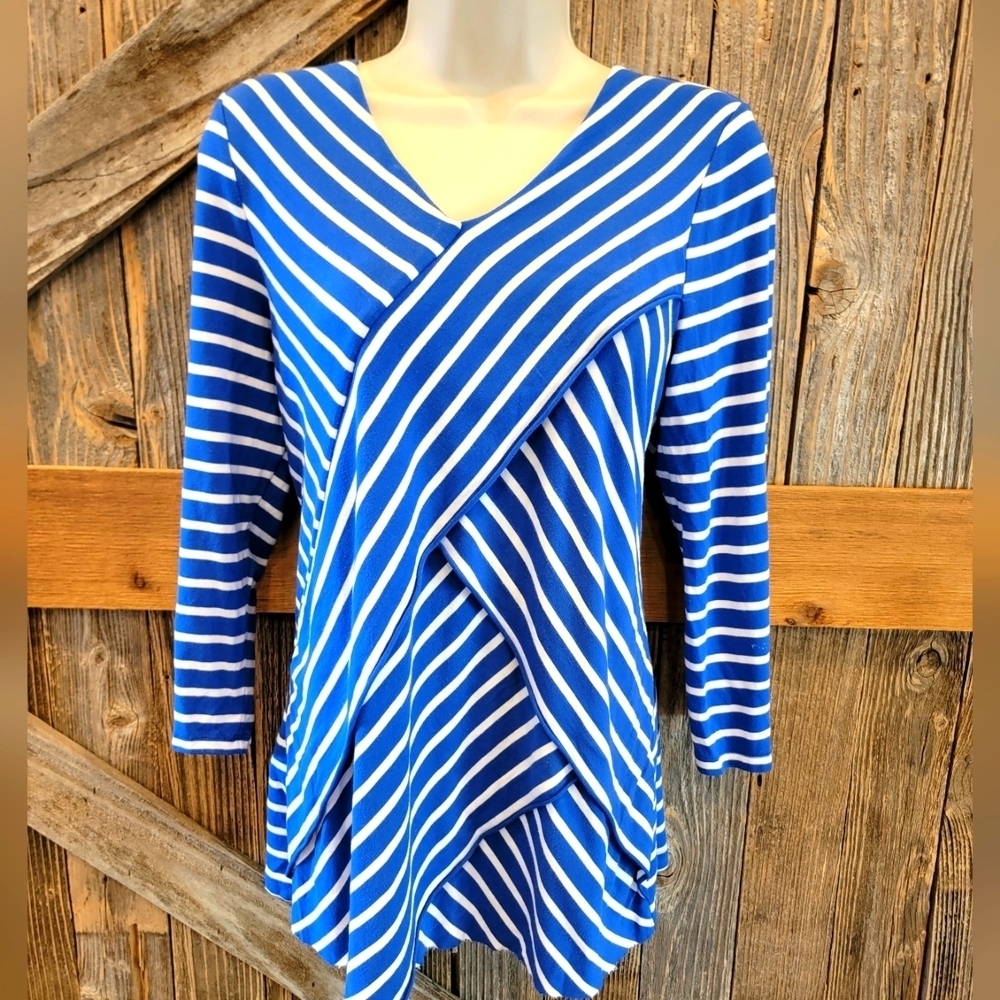 Chicos Geometric Layered Striped Tunic Size 0 (Small) Blue 3/4 Sleeve Stretch ^